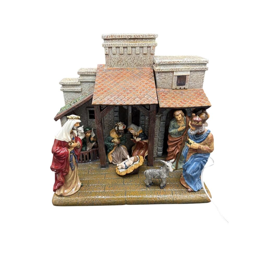 Large 9 Piece Nativity Set Lighted Barn Mary Joseph Jesus Wisemen Heavy EUC